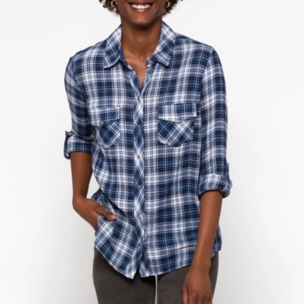 Kut From the Kloth Blue White Boylen Snap Front Plaid Flannel Shirt Medium
